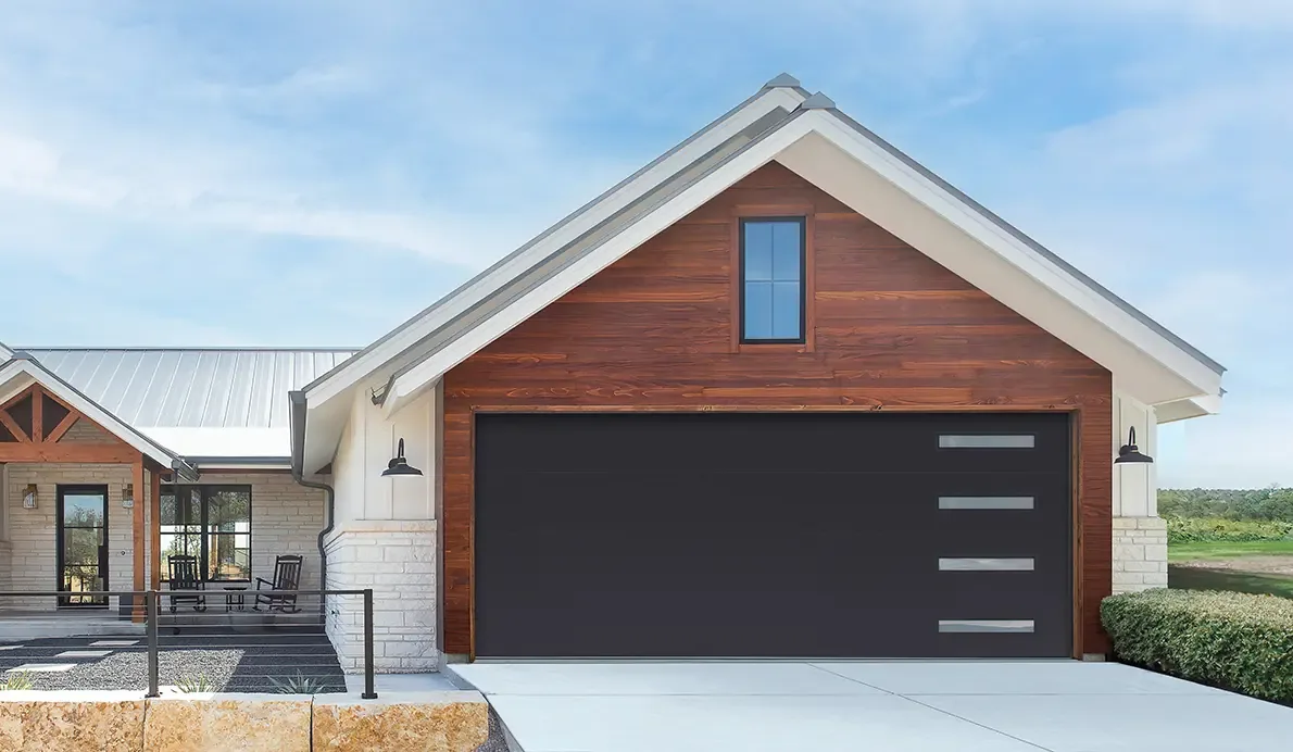 Clopay Modern Steel flush black garage door with long side windows